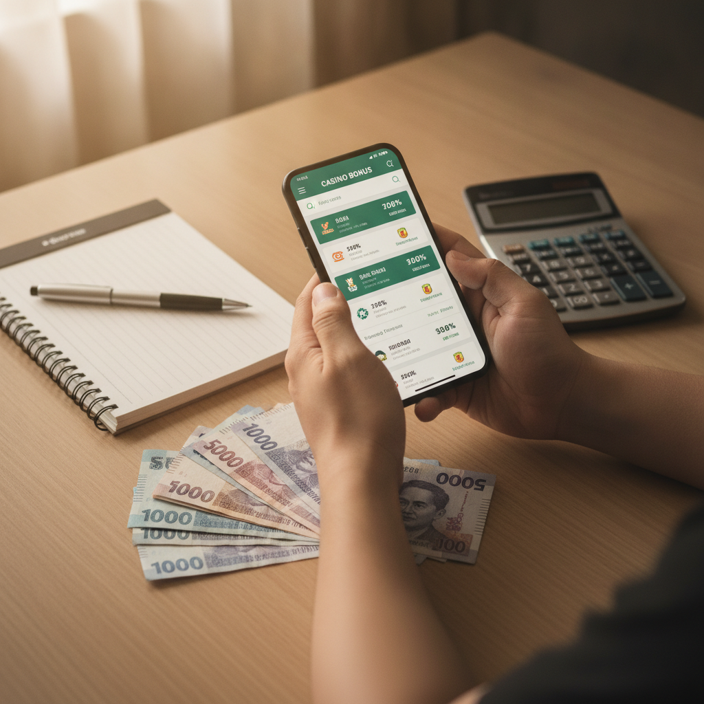 Person comparing online casino bonus offers on mobile phone with calculator and peso bills